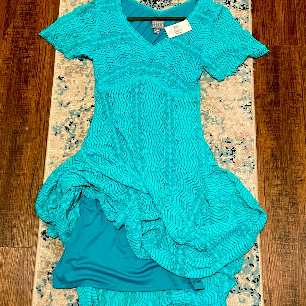 RABBIT RABBIT RABBIT TEAL/TURQUOISE LACE DRESS WITH BUILT IN SLIP